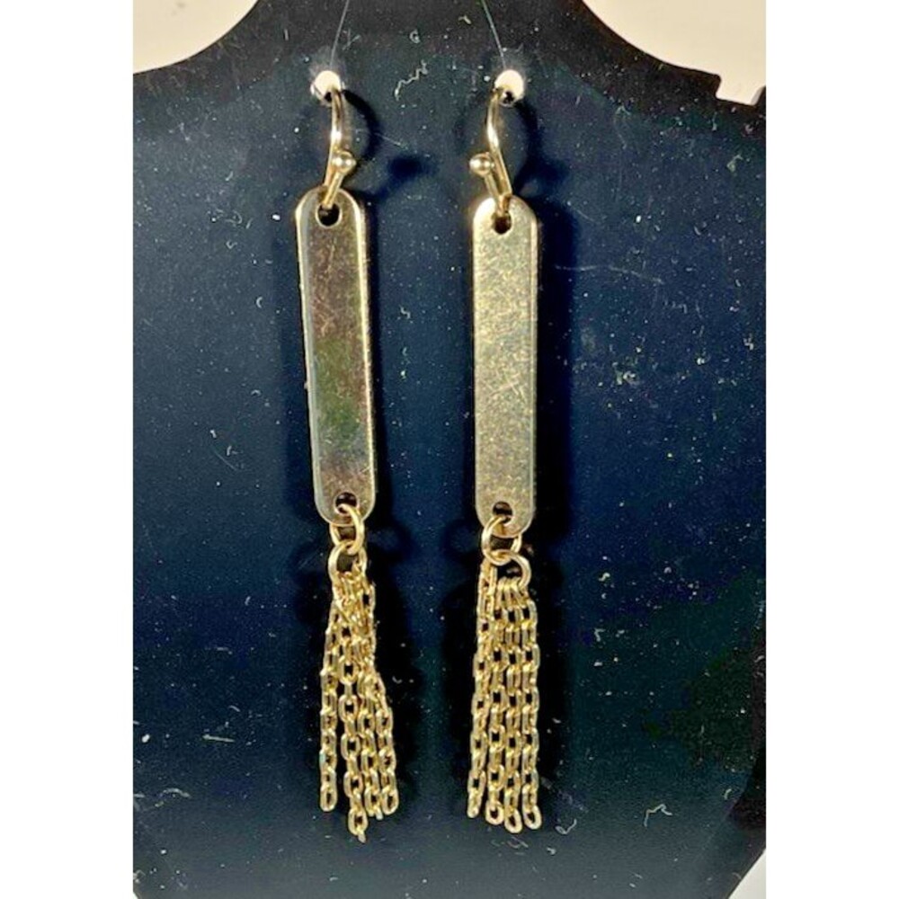 Vintage Dangle Bar Pierced Earrings Gold Tone Bars with Tassels Boho MCM EUC